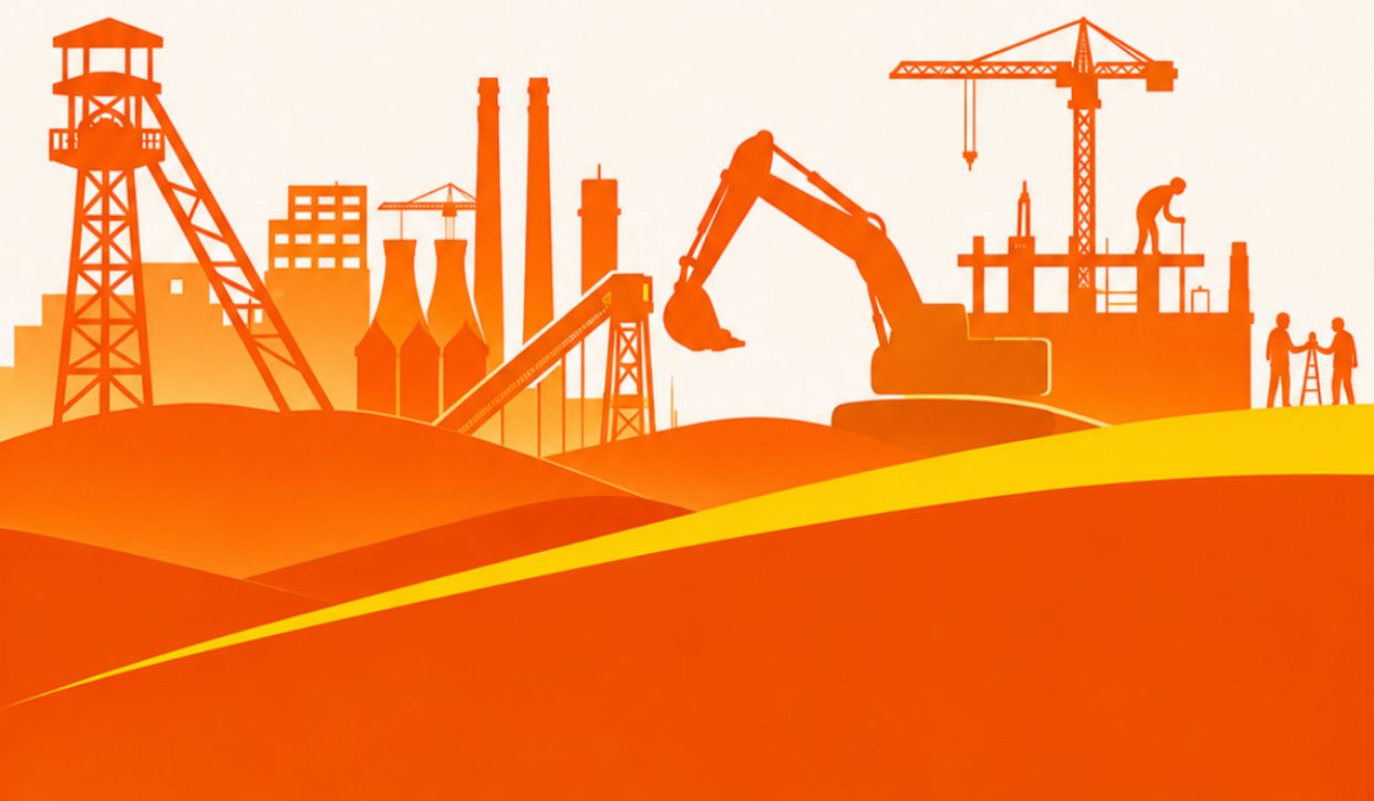 Illustration of steel plant, mining and construction skyline